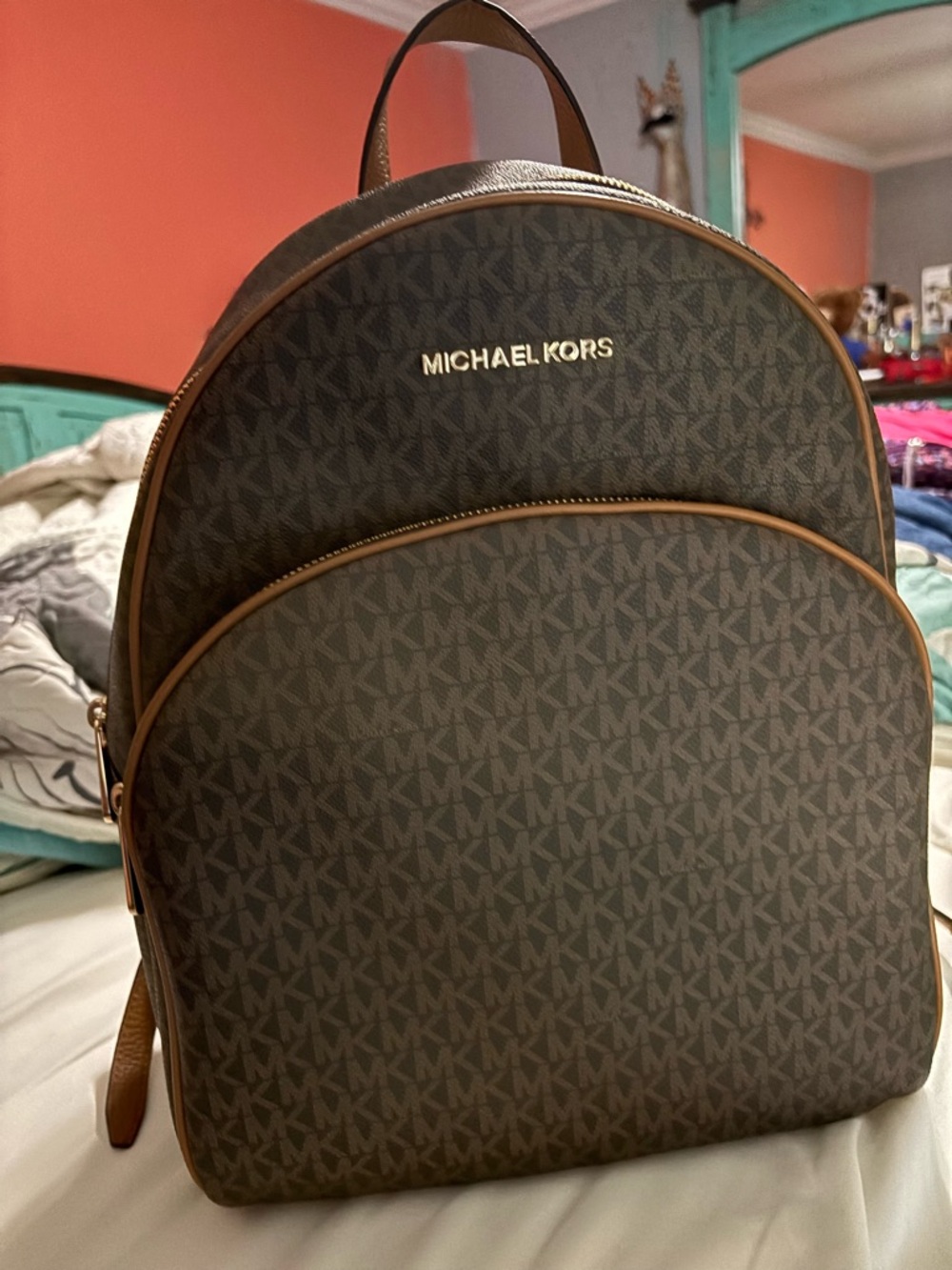 Michael Kors Brown MK Signature Dome Backpack with Gold Hardware